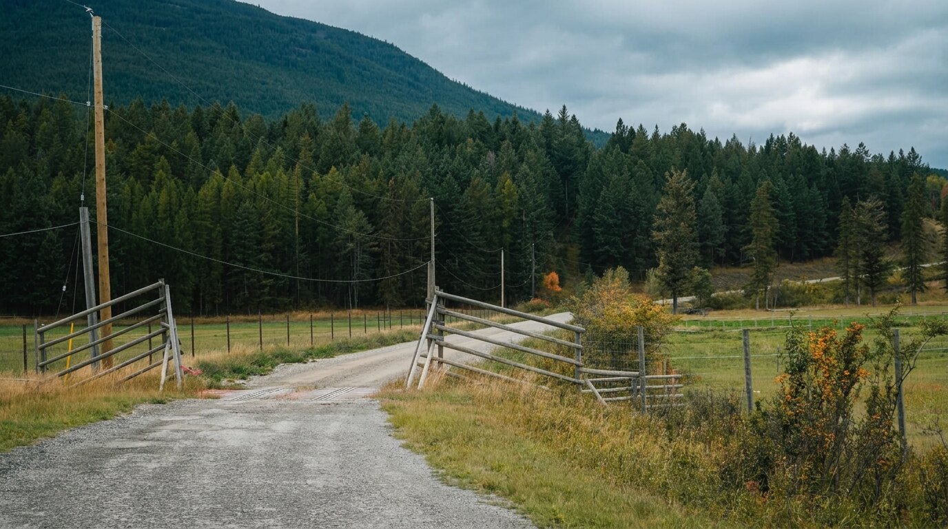 The gravel entrance to K9 Basecamp between open wooden gates