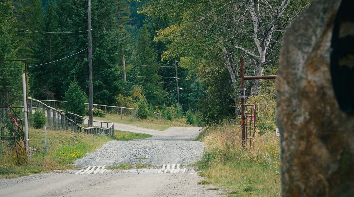 The gravel drive winding into the K9 Basecamp property