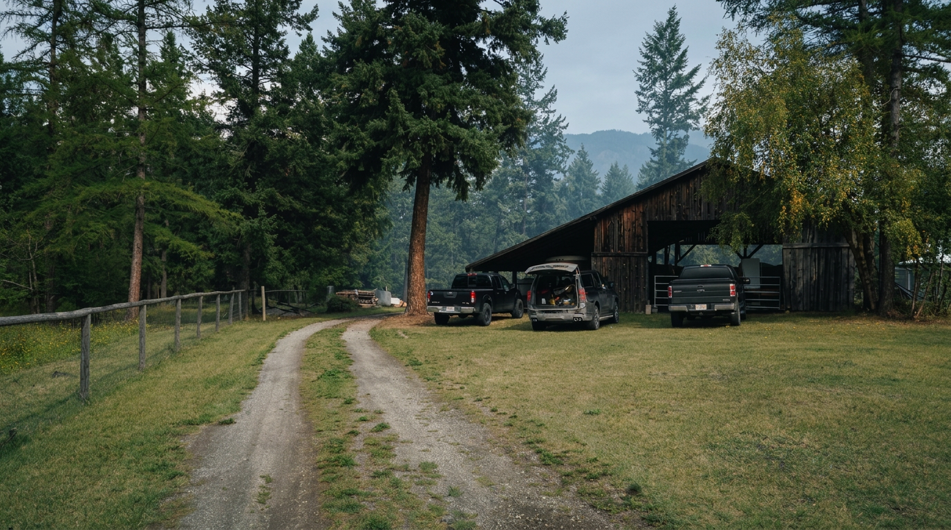 The gravel drive leading to the barn at K9 Basecamp