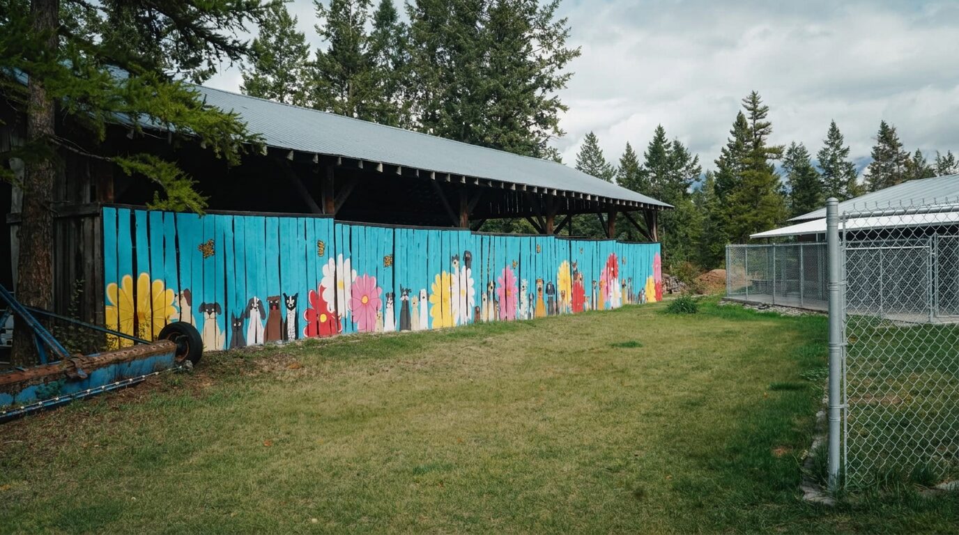 A hand-painted mural of dogs and flowers on a turquoise fence alongside the outdoor boarding area at K9 Basecamp