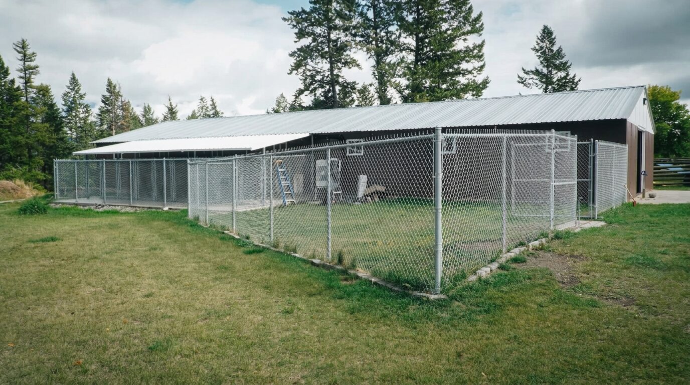 The boarding kennel building with its chain-link exercise runs and shaded awning at K9 Basecamp