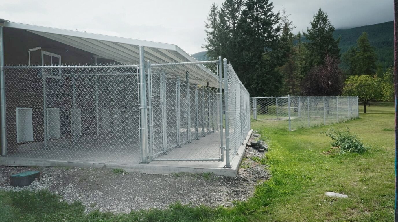 Covered chain-link kennel runs along the side of the boarding barn at K9 Basecamp
