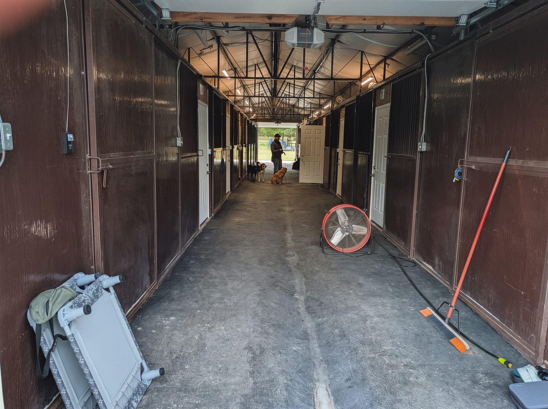 Dogs resting in individual indoor boarding kennels with beds and feeding charts at K9 Basecamp