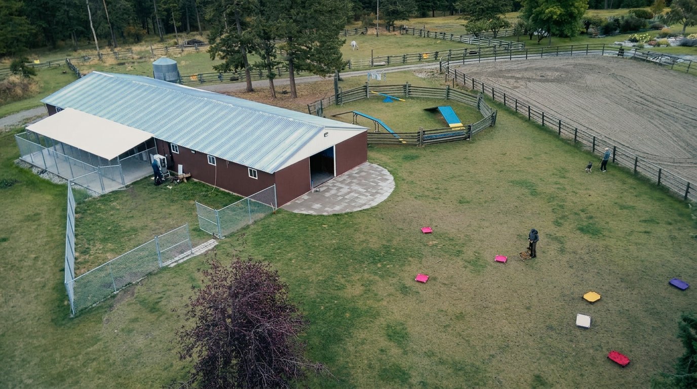 Aerial view of the K9 Basecamp training lawn, building, fenced agility area and riding arena