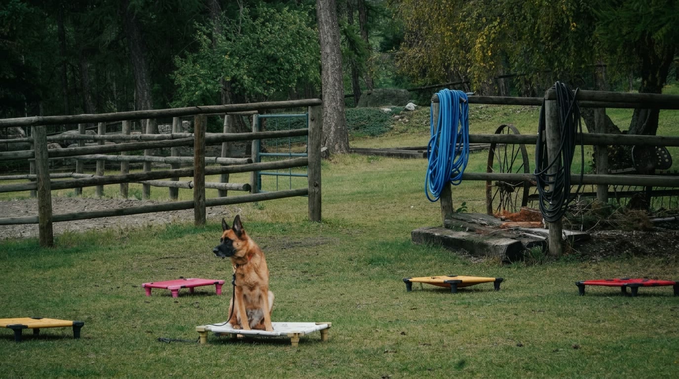 A German Shepherd holding a sit on a place board on the training lawn at K9 Basecamp