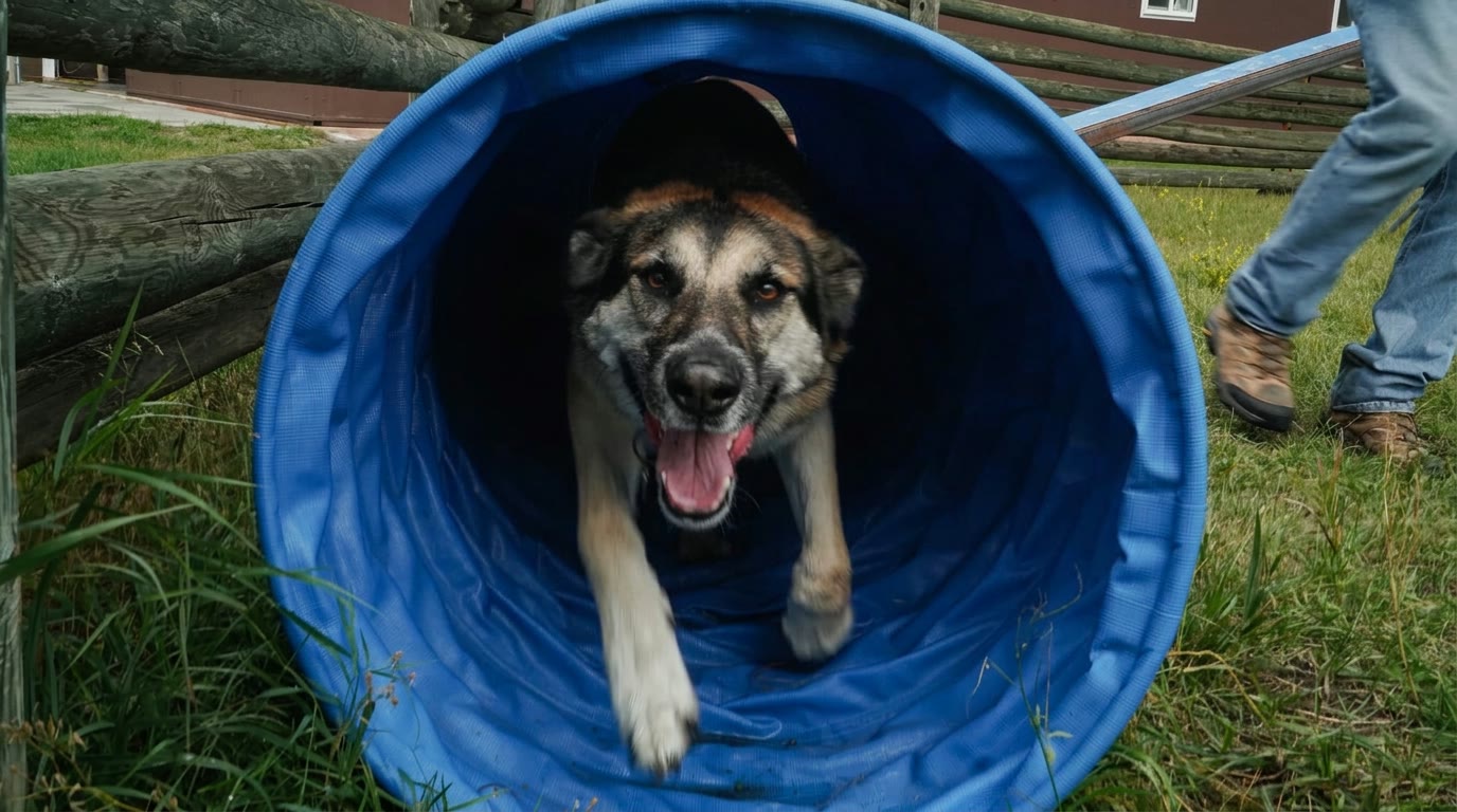 A dog bursting out of the blue agility tunnel at the K9 Basecamp training area