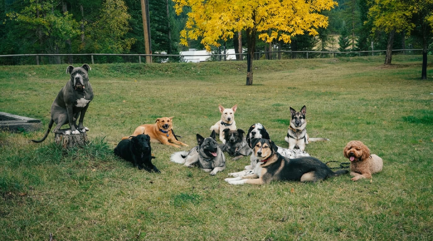 A group of dogs relaxing together on the training lawn at K9 Basecamp