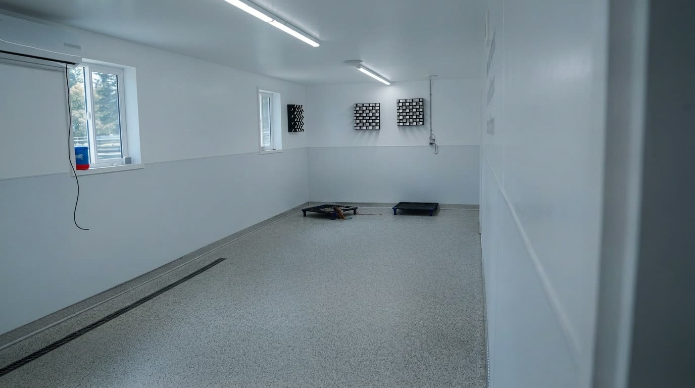 An indoor training room at K9 Basecamp with place boards on the speckled floor and windows to the outdoors