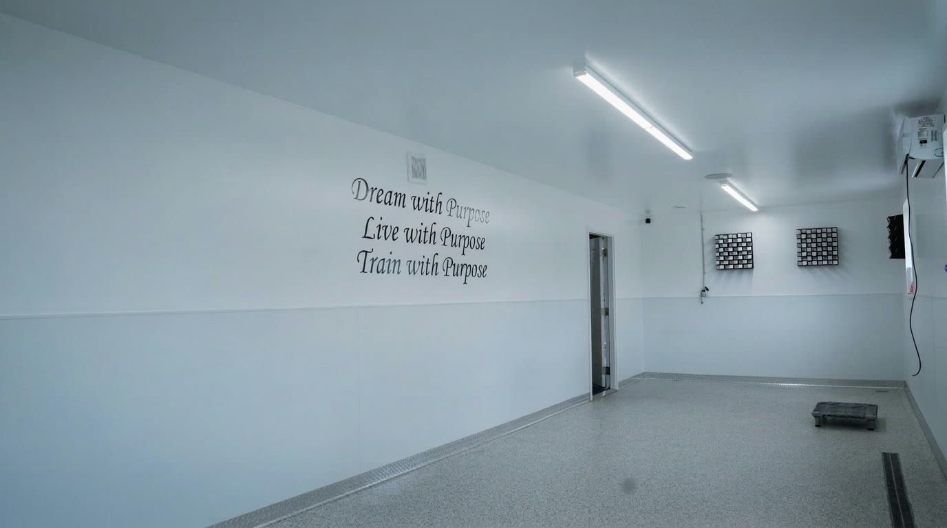 An indoor training room at K9 Basecamp with the words Dream, Live and Train with Purpose on the wall